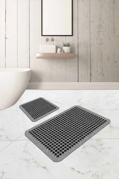 Gri Kazayağı Desen Banyo Halısı Klozet Paspas Seti BS331 ürün görseli 1