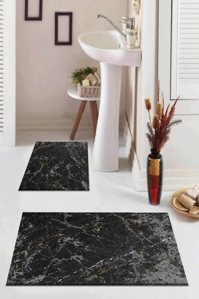 Füme Mermer Görünümlü Banyo Halısı Klozet Paspas Seti BS015 ürün görseli 1