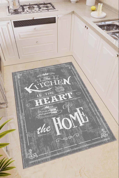 Gri Kaymaz Taban Yıkanan Kitchen Yazılı Mutfak Halısı AR345 ürün görseli 1