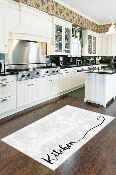 Beyaz Kaymaz Tabanlı Kitchen Yazılı Mutfak Halısı Yolluk VH087 ürün görseli 1