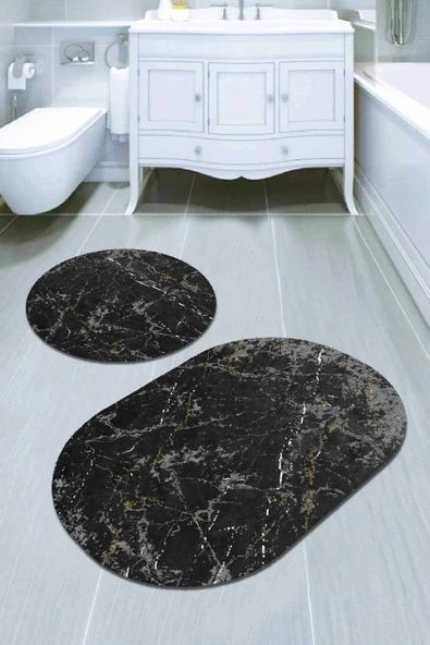 Füme Mermer Görünümlü Oval Banyo Klozet Paspas Seti BS057 ürün görseli 1