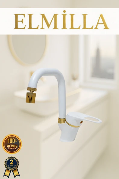 elmilla Beyaz Gold Banyo Lavabo Musluğu Bataryası Köşe Borulu Lüx Tasarım Çif Su Giriş Oynar Başlıklı ürün görseli 1