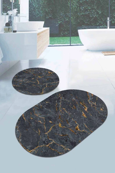 Füme Mermer Görünümlü Oval Banyo Klozet Paspas Seti BS059 ürün görseli 1