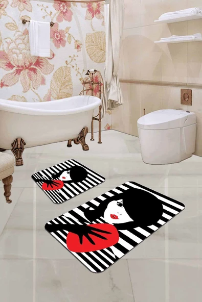 Siyah Yüzler Banyo Halısı Klozet Takımı Paspas Seti BS217 ürün görseli 1