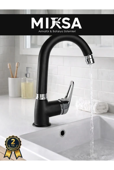 MİXSA Siyah-Krom Armut Baston Borulu Oynar Başlıklı Perlatörlü Banyo Lavabo Bataryası, ÇiftSuGirişli ürün görseli 1