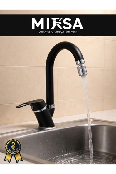 MİXSA Siyah-Krom Baston Borulu Oynar Başlıklı Perlatörlü Banyo Lavabo Bataryası, ÇiftSuGirişli ürün görseli 1