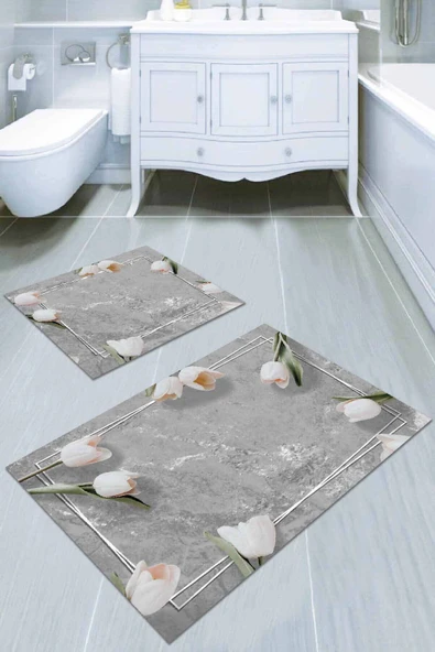 Gri Çiçek Temalı Banyo Halısı Klozet 2'li Paspas Seti BS011 ürün görseli 1
