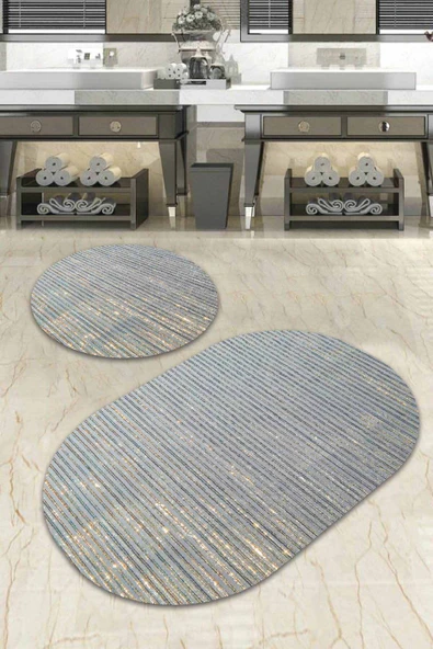 Mavi Çizgi Desen Banyo Halısı Klozet Oval Paspas Seti BS063 ürün görseli 1