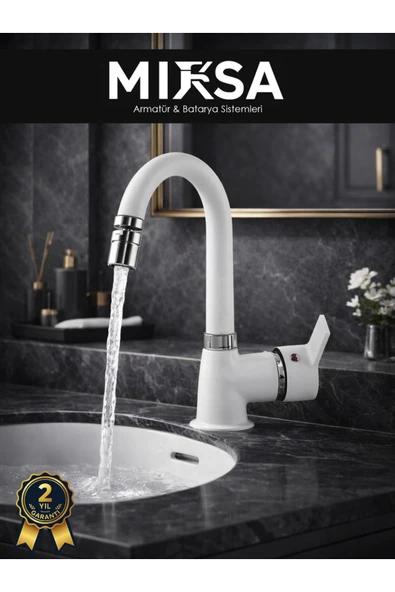 MİXSA Beyaz-Krom Armut Baston Borulu Oynar Başlıklı Perlatörlü Banyo Lavabo Bataryası, ÇiftSuGirişli ürün görseli 1