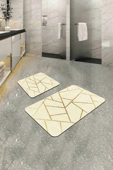 Krem Geometrik Desen Banyo Halısı Klozet Paspas Seti BS337 ürün görseli 1