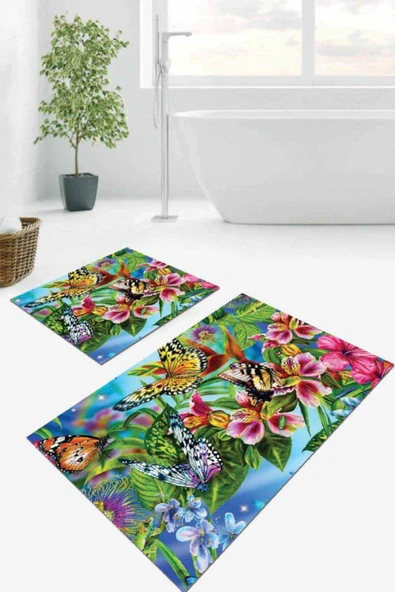 Renkli Çiçekli Banyo Halısı Klozet Takımı Paspas Seti BS103 ürün görseli 1