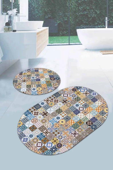 Mavi Çini Desenli Banyo Halısı Klozet Oval Paspas Seti BS084 ürün görseli 1