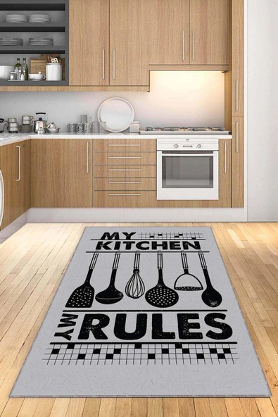 Gri Kaymaz Tabanlı My Kitchen My Rules Mutfak Halısı AR016 ürün görseli 1