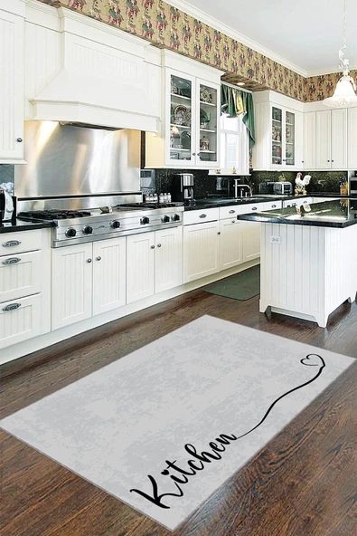 Gri Kaymaz Tabanlı Kitchen Yazılı Mutfak Halısı Yolluk VH086 ürün görseli 1