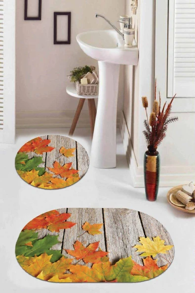 Turuncu Çınar 3D Banyo Halısı Klozet Oval Paspas Seti BS067 ürün görseli 1