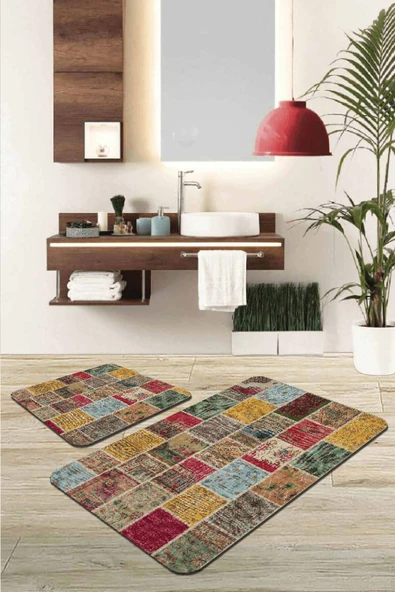 Renkli Patchwork Banyo Halısı Klozet 2'li Paspas Seti BS293 ürün görseli 1