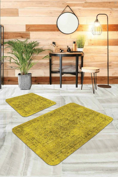 Sarı Modern Klasik Banyo Halısı Klozet Paspas Seti BS235 ürün görseli 1