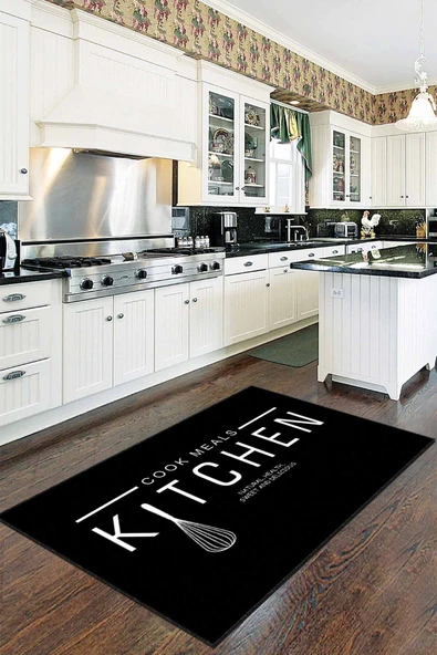 Siyah Kaymaz Tabanlı Kitchen Yazılı Mutfak Halısı AR019 ürün görseli 1