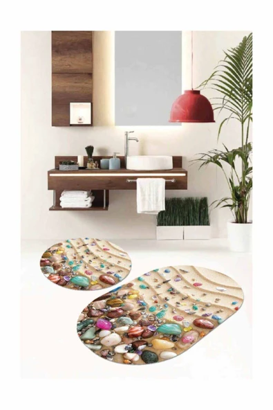 Renkli Marin Desen Oval Banyo 2'li Klozet Paspas Seti BS099 ürün görseli 1
