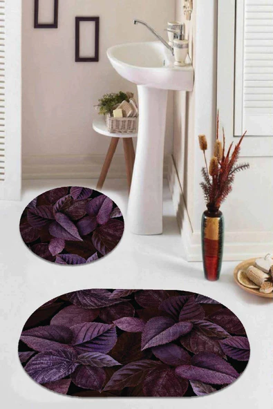 Mürdüm Yapraklı Banyo Halısı Klozet Oval Paspas Seti BS062 ürün görseli 1