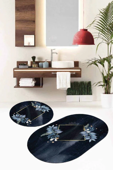 Lacivert Çiçek Temalı Oval Banyo Klozet Paspas Seti BS095 ürün görseli 1