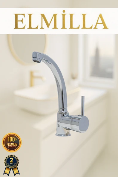 elmilla Krom Armut Kuğu Borulu Banyo Lavabo Bataryası Çeşmesi Musluğu Çift Su Girişli ürün görseli 1