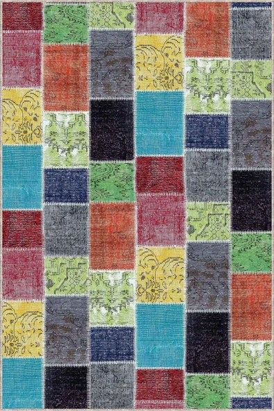 Renkli Kaymaz Tabanlı Yıkanır Patchwork Mutfak Halısı AR1059 - Resim 2