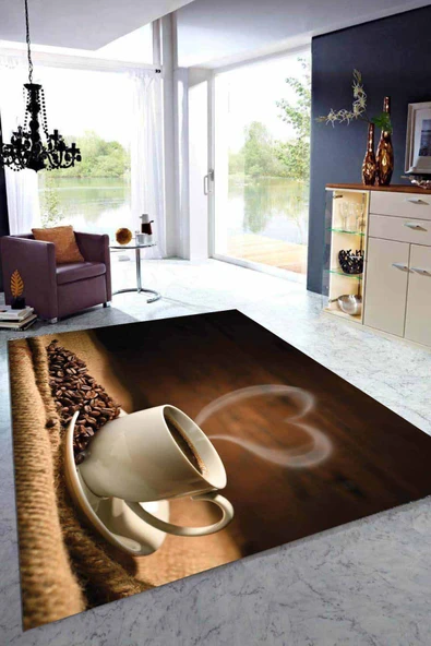 Kahverengi Kaymaz Tabanlı Coffee Temalı Mutfak Halısı MT28 ürün görseli 1