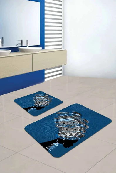 Mavi Etnik Desenli Banyo Halısı Klozet Paspas Seti BS201 ürün görseli 1
