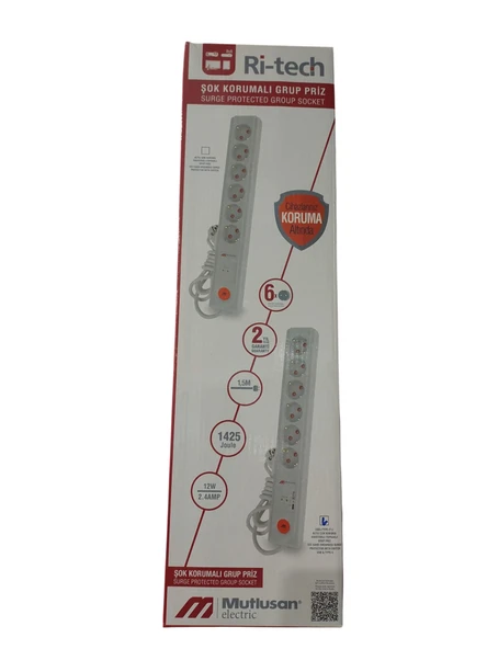 Mutlusan Rı-Tech 6Lı 1,5 Metre  Şok Koruma Usb+Typ-C Anaht. Topraklı Grup Priz (Ç.K.)(3X1.5 1.5 Mt) ürün görseli 1