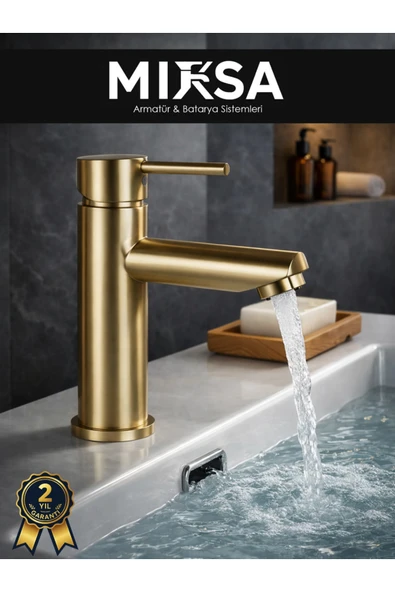 MİXSA Gold Altın Kaplama Sabit Lüx Gövde Banyo Lavabo Musluğu Bataryası ürün görseli 1