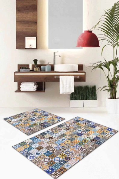 Mavi Çini Desen Banyo Halısı Klozet Takımı Paspas Seti BS042 ürün görseli 1