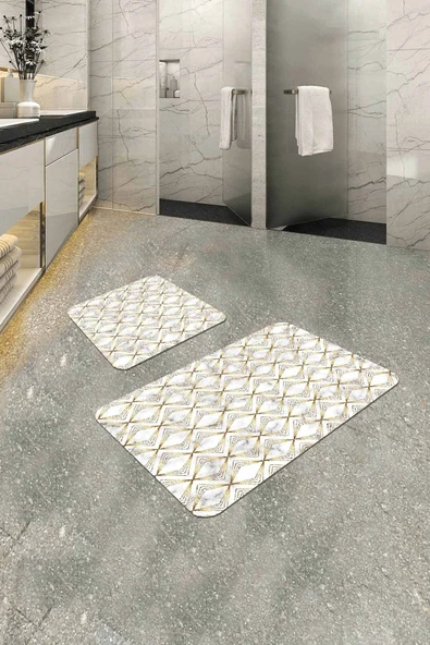 Beyaz Mermer Görünümlü Banyo Halısı Klozet Paspas Seti BS347 ürün görseli 1