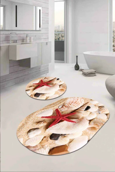 Kırmızı Marin Desen Oval Banyo Klozet Paspas Seti BS070 ürün görseli 1