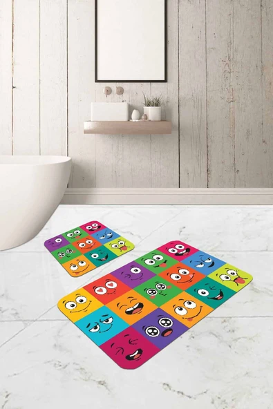 Renkli Smiley Banyo Halısı Klozet Takımı Paspas Seti BS299 ürün görseli 1