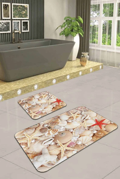 Bej Deniz Kabuklu Banyo Halısı Klozet 2'li Paspas Seti BS212 ürün görseli 1