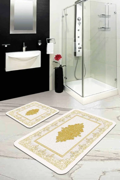 Gold Modern Klasik Banyo Halısı Klozet Paspas Seti BS282 ürün görseli 1