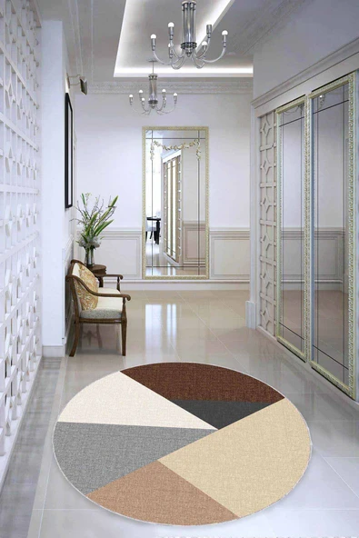 Kahve Kaymaz Geometrik Desenli Yuvarlak Mutfak Halısı AR1330 ürün görseli 1