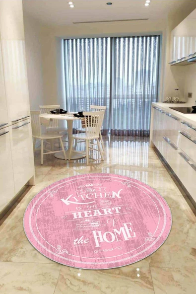 Pembe Kaymaz Kitchen Yazılı Yuvarlak Mutfak Halısı AR538 ürün görseli 1