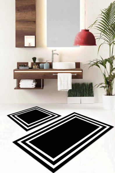 Siyah Çerçeve Desenli Banyo Halısı Klozet Paspas Seti BS033 ürün görseli 1