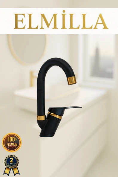 elmilla Siyah Gold Banyo Lavabo Musluğu Bataryası Çeşmesi Baston Borulu Lüx Tasarım Çif Su Giriş ürün görseli 1