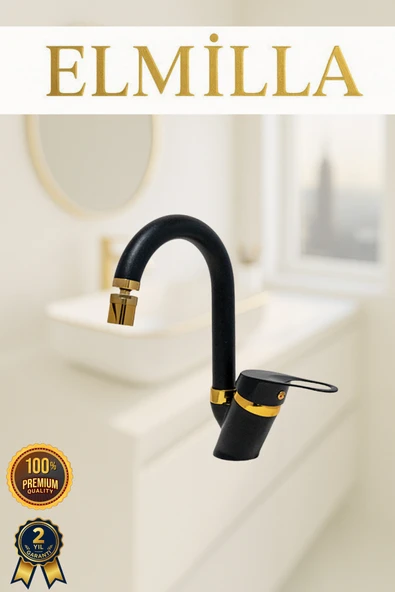 elmilla Siyah Gold Banyo Lavabo Musluğu Bataryası Baston Borulu Lüx Tasarım Çif Su Giriş Oynar Başlıklı ürün görseli 1