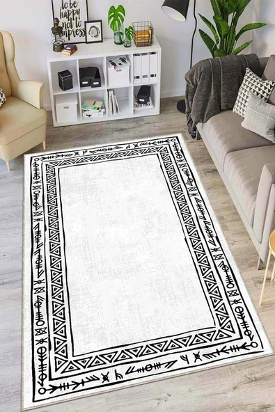 Beyaz Kaymaz Tabanlı Otantik Desen Mutfak Halısı AR1095 ürün görseli 1