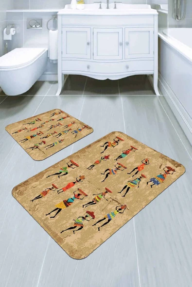 Bej Etnik Desenli Banyo Halısı Klozet 2'li Paspas Seti BS307 ürün görseli 1