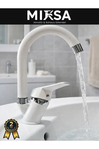 MİXSA Beyaz-Krom Baston Borulu Banyo Lavabo Bataryası, Musluğu, Çift Su Girişli ürün görseli 1