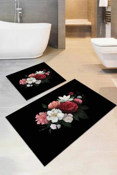 Siyah Çiçek Desenli Banyo Halısı Klozet Paspas Seti BS004 ürün görseli 1