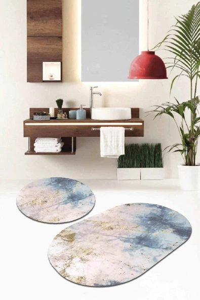 Mavi Mermer Görünümlü Oval Banyo Klozet Paspas Seti BS060 ürün görseli 1