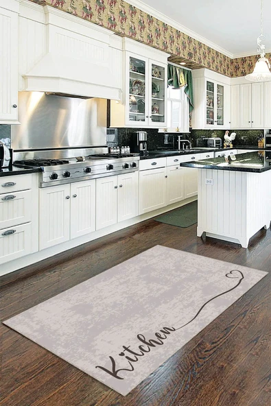 Bej Kaymaz Tabanlı Kitchen Yazılı Mutfak Halısı Yolluk VH090 ürün görseli 1