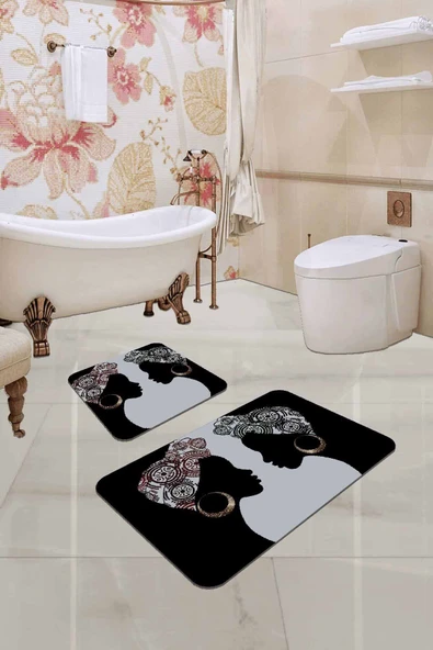 Siyah Etnik Desenli Banyo Halısı Klozet Paspas Seti BS222 ürün görseli 1