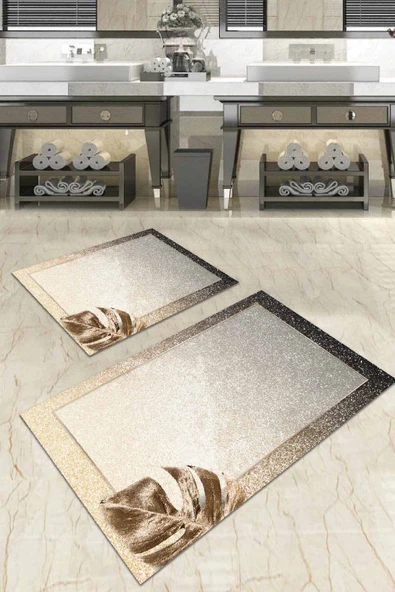 Bej Yaprak Desenli Banyo Halısı Klozet Paspas Seti BS055 ürün görseli 1